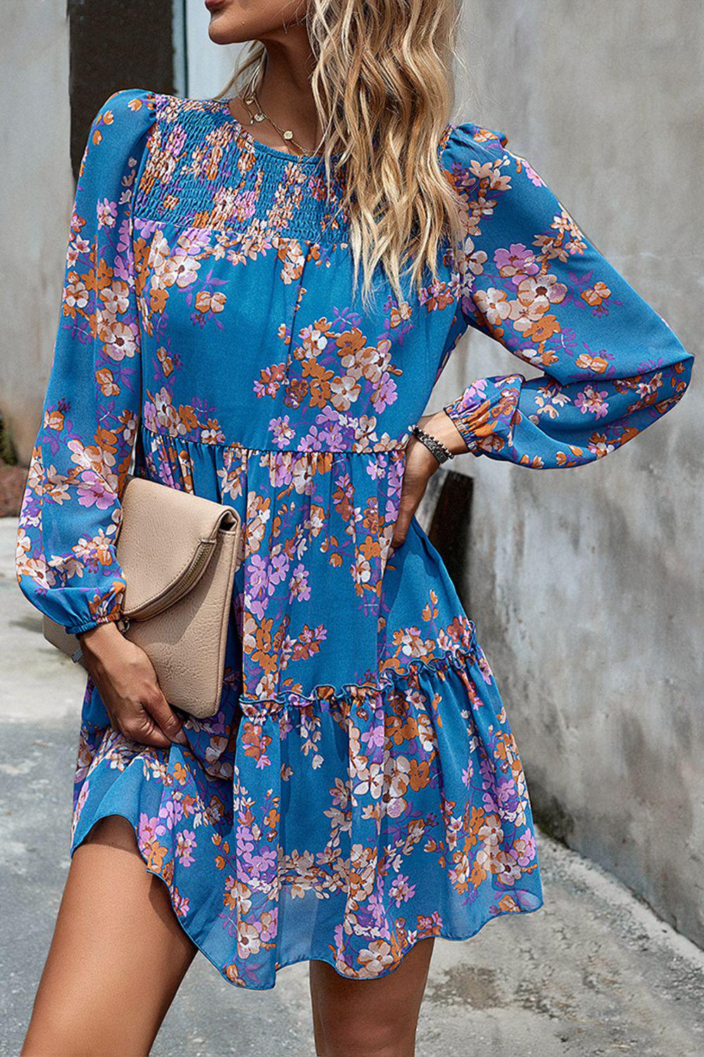 Smocked Floral Print Long Sleeve Mini Dress BLUE ZONE PLANET