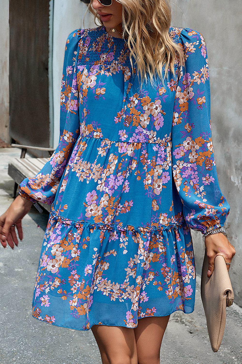 Smocked Floral Print Long Sleeve Mini Dress BLUE ZONE PLANET