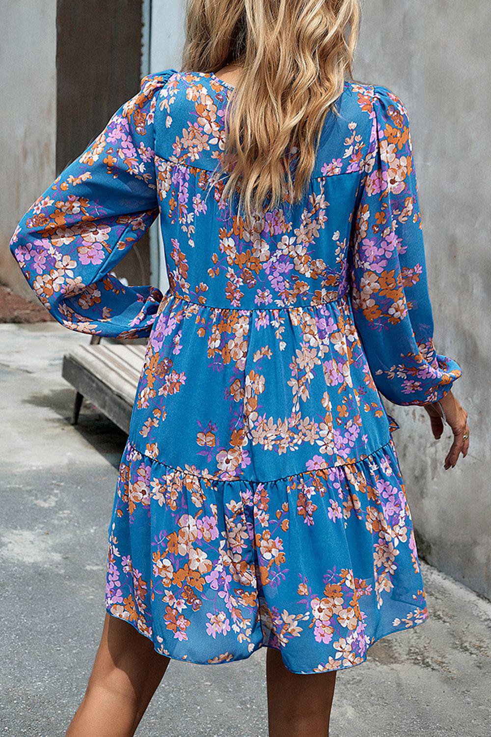 Smocked Floral Print Long Sleeve Mini Dress BLUE ZONE PLANET