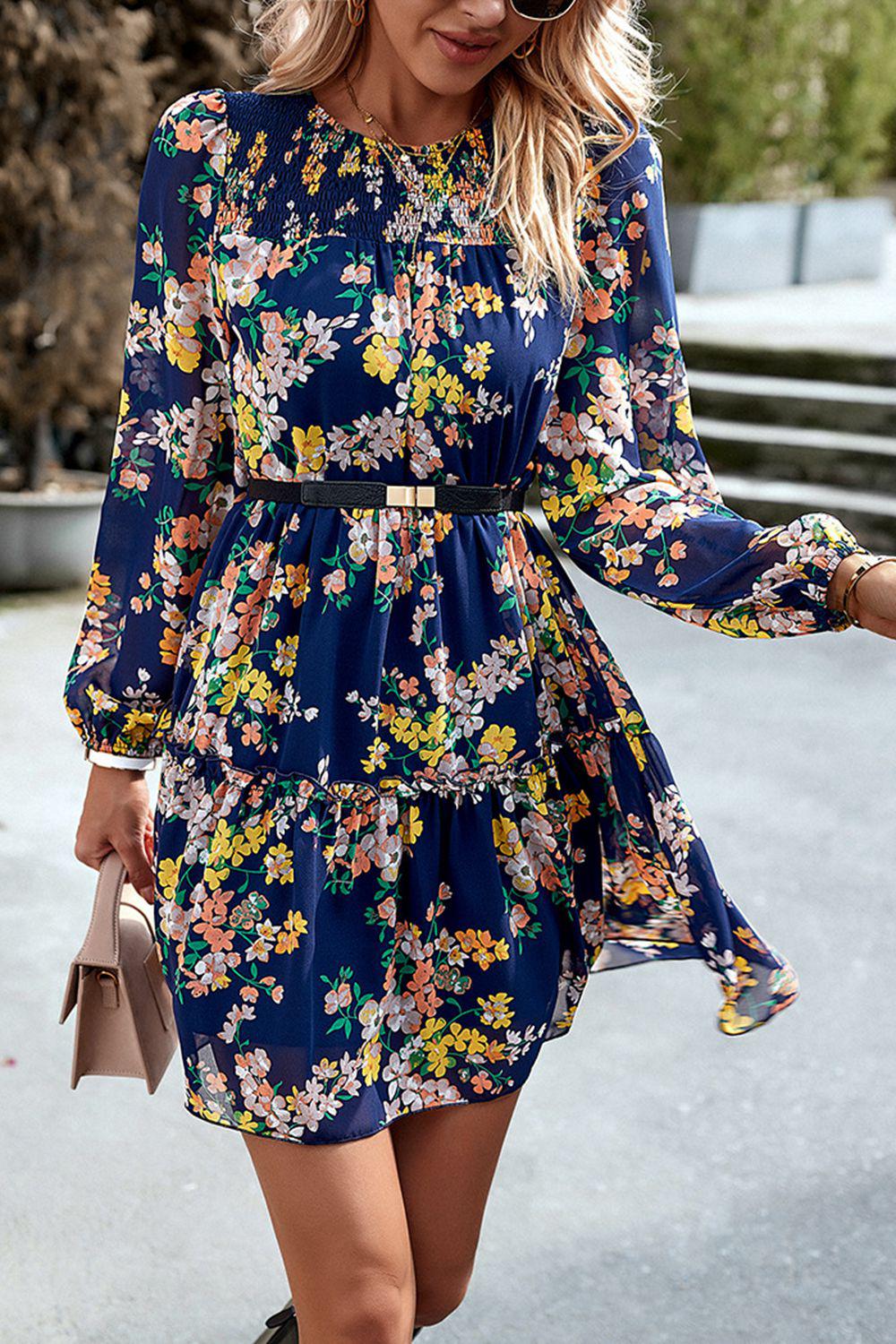 Smocked Floral Print Long Sleeve Mini Dress BLUE ZONE PLANET