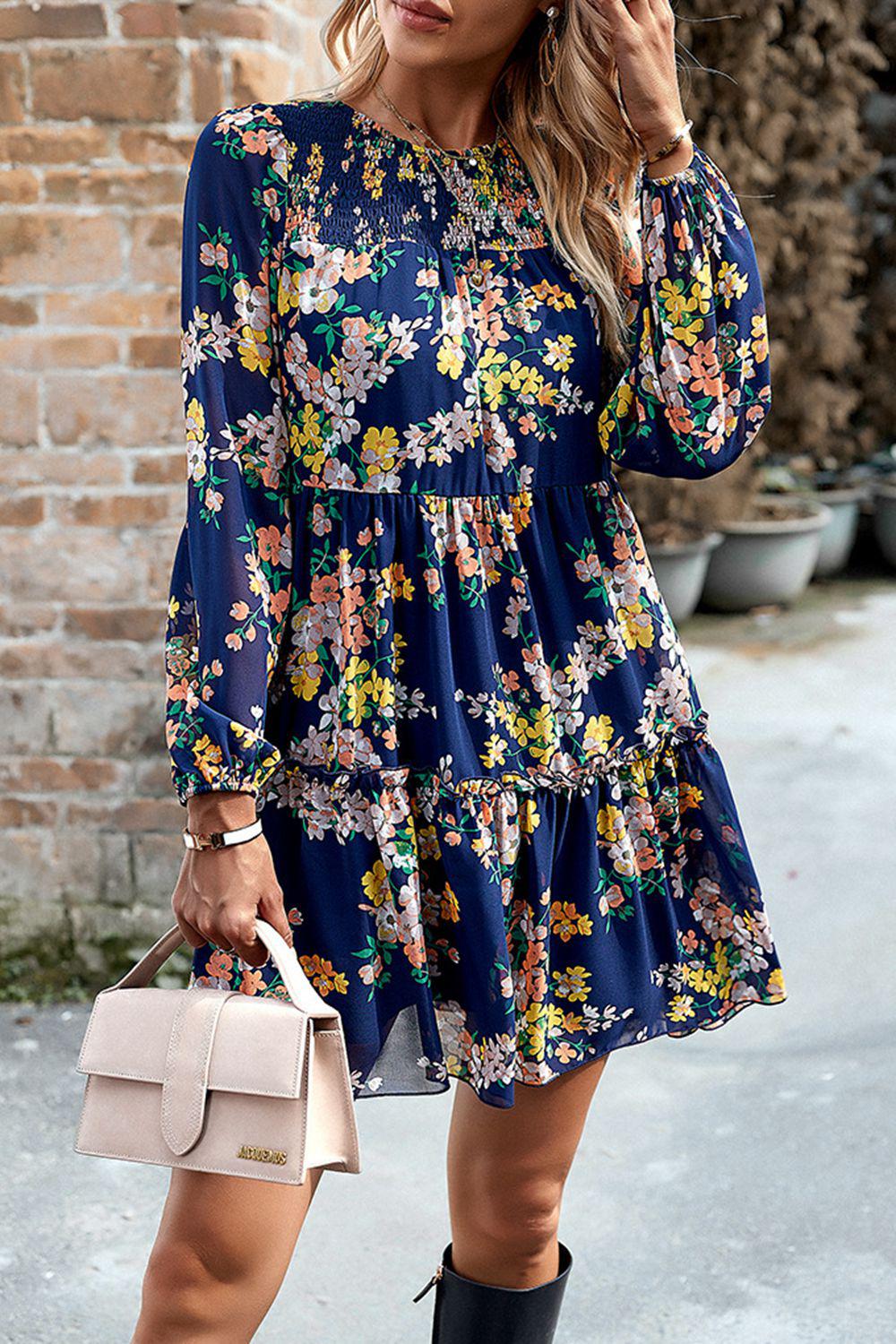 Smocked Floral Print Long Sleeve Mini Dress BLUE ZONE PLANET