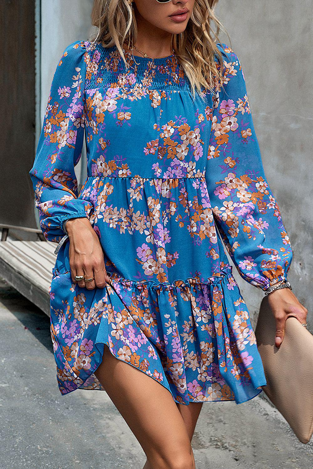 Smocked Floral Print Long Sleeve Mini Dress BLUE ZONE PLANET