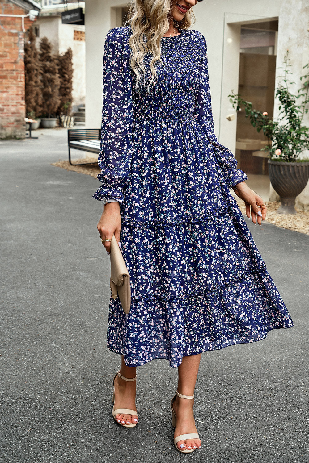 Smocked Flounce Sleeve Midi Dress BLUE ZONE PLANET