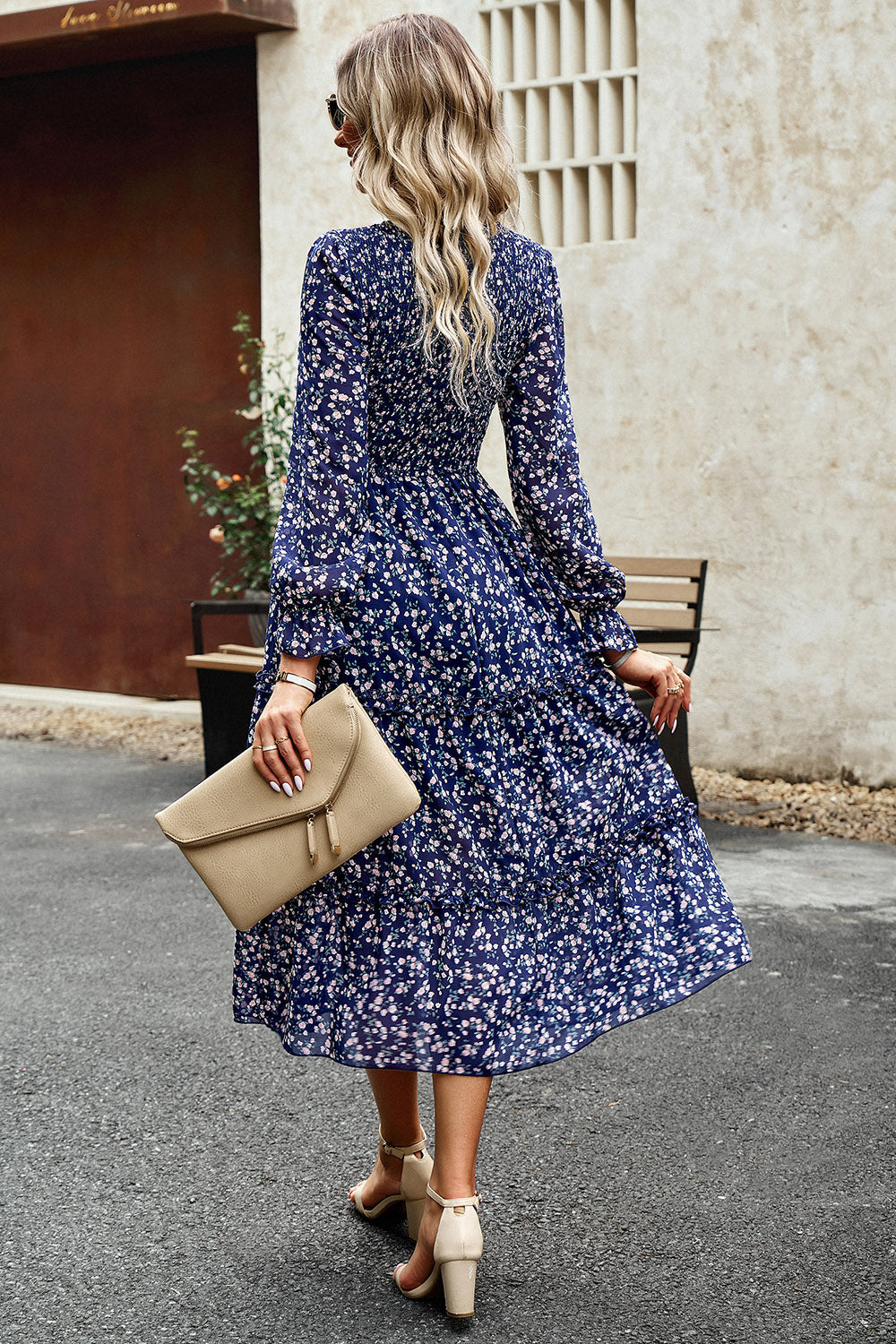 Smocked Flounce Sleeve Midi Dress BLUE ZONE PLANET