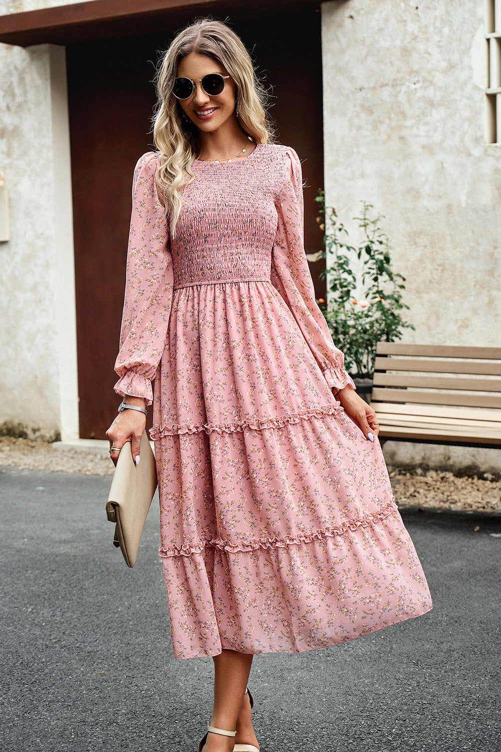 Smocked Flounce Sleeve Midi Dress BLUE ZONE PLANET