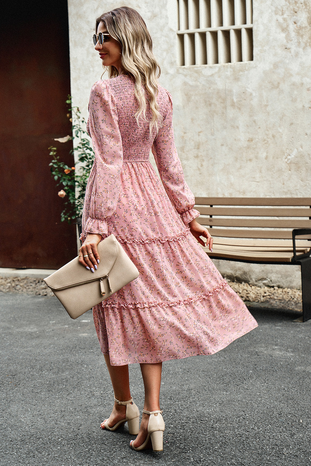 Smocked Flounce Sleeve Midi Dress BLUE ZONE PLANET