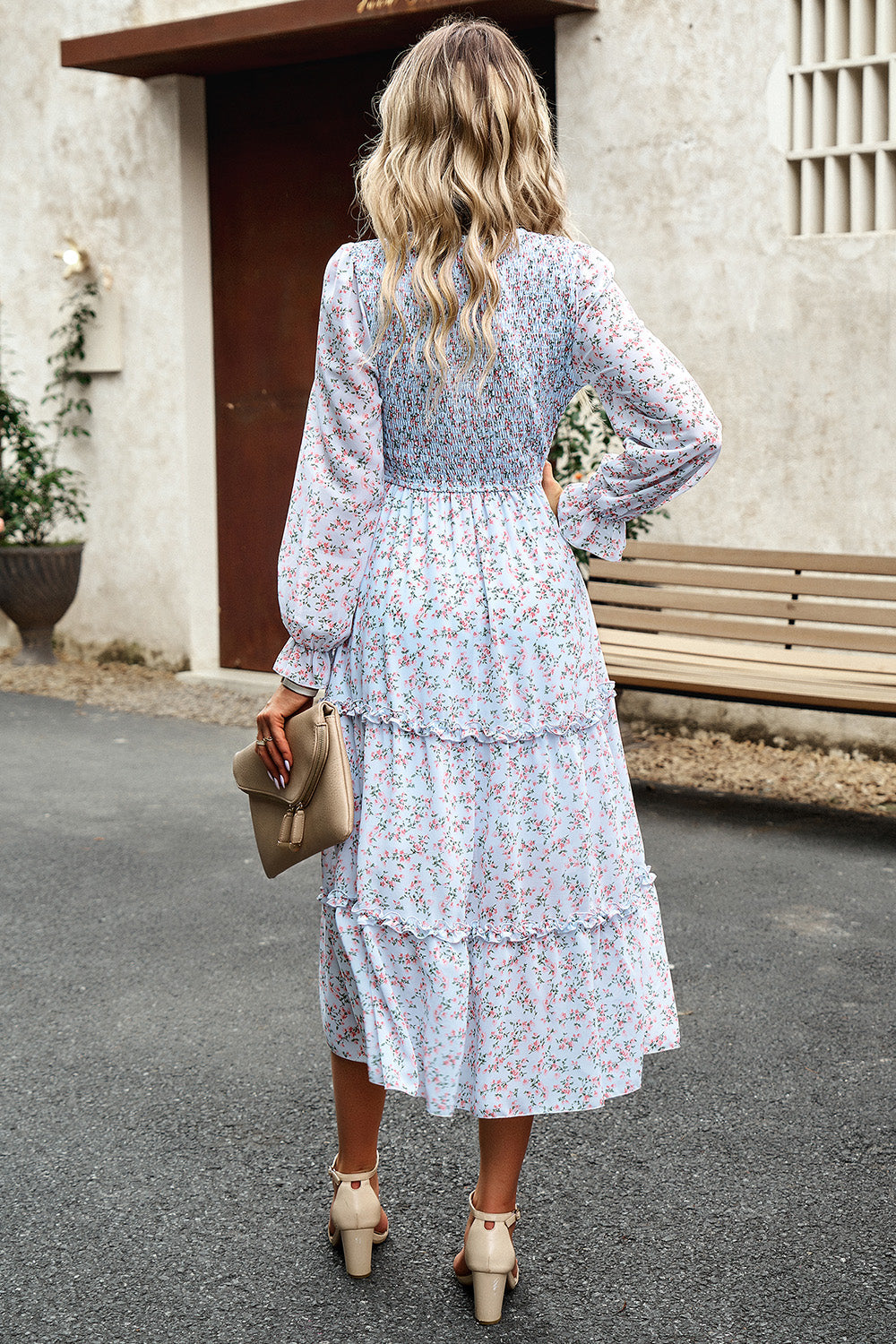 Smocked Flounce Sleeve Midi Dress BLUE ZONE PLANET