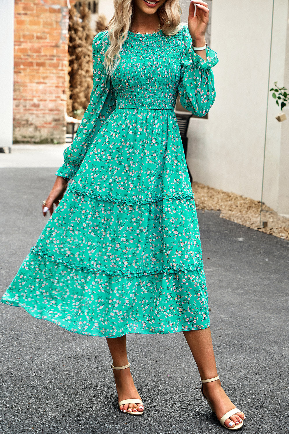 Smocked Flounce Sleeve Midi Dress BLUE ZONE PLANET