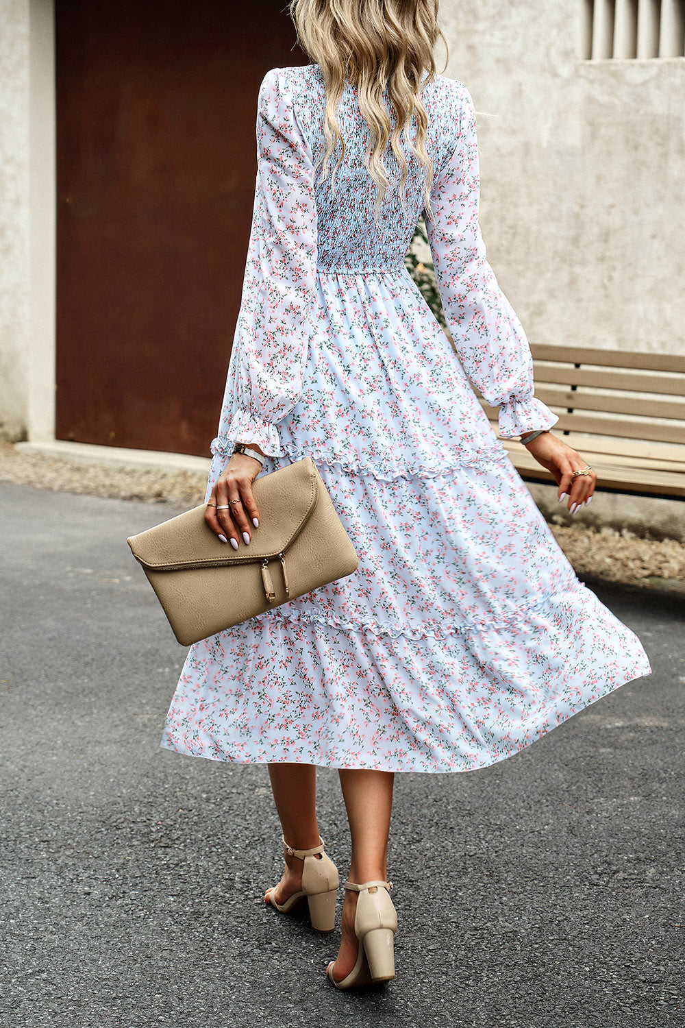 Smocked Flounce Sleeve Midi Dress BLUE ZONE PLANET