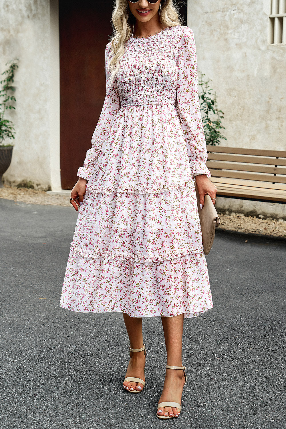 Smocked Flounce Sleeve Midi Dress BLUE ZONE PLANET