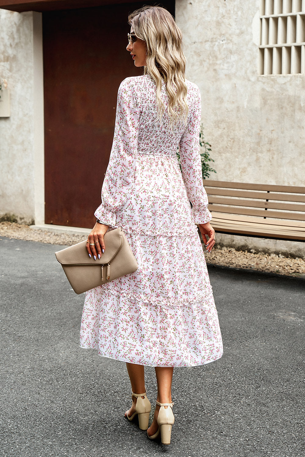 Smocked Flounce Sleeve Midi Dress BLUE ZONE PLANET