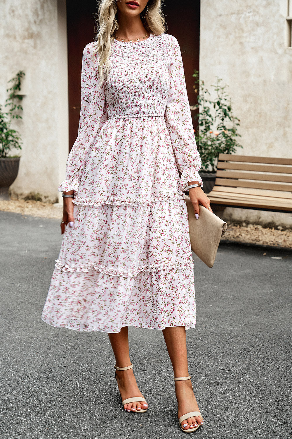 Smocked Flounce Sleeve Midi Dress BLUE ZONE PLANET