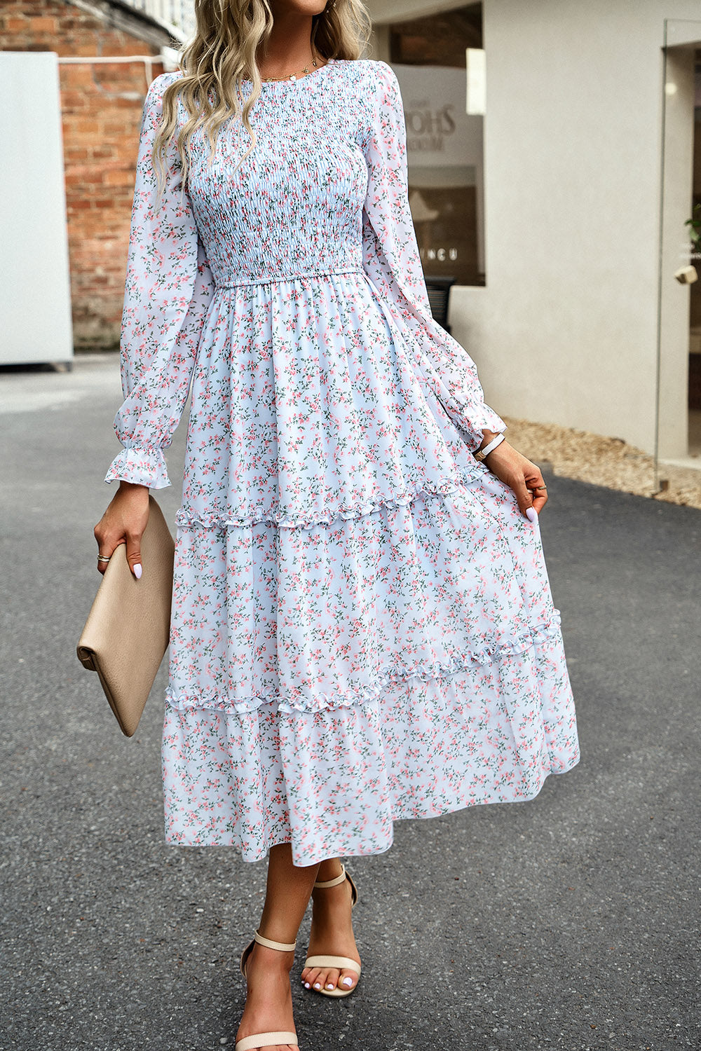 Smocked Flounce Sleeve Midi Dress BLUE ZONE PLANET