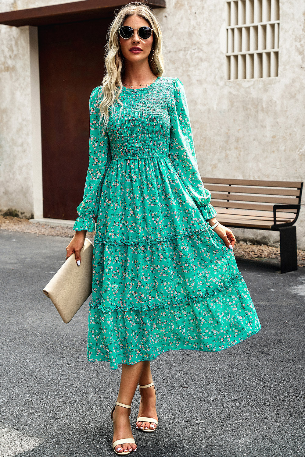 Smocked Flounce Sleeve Midi Dress BLUE ZONE PLANET