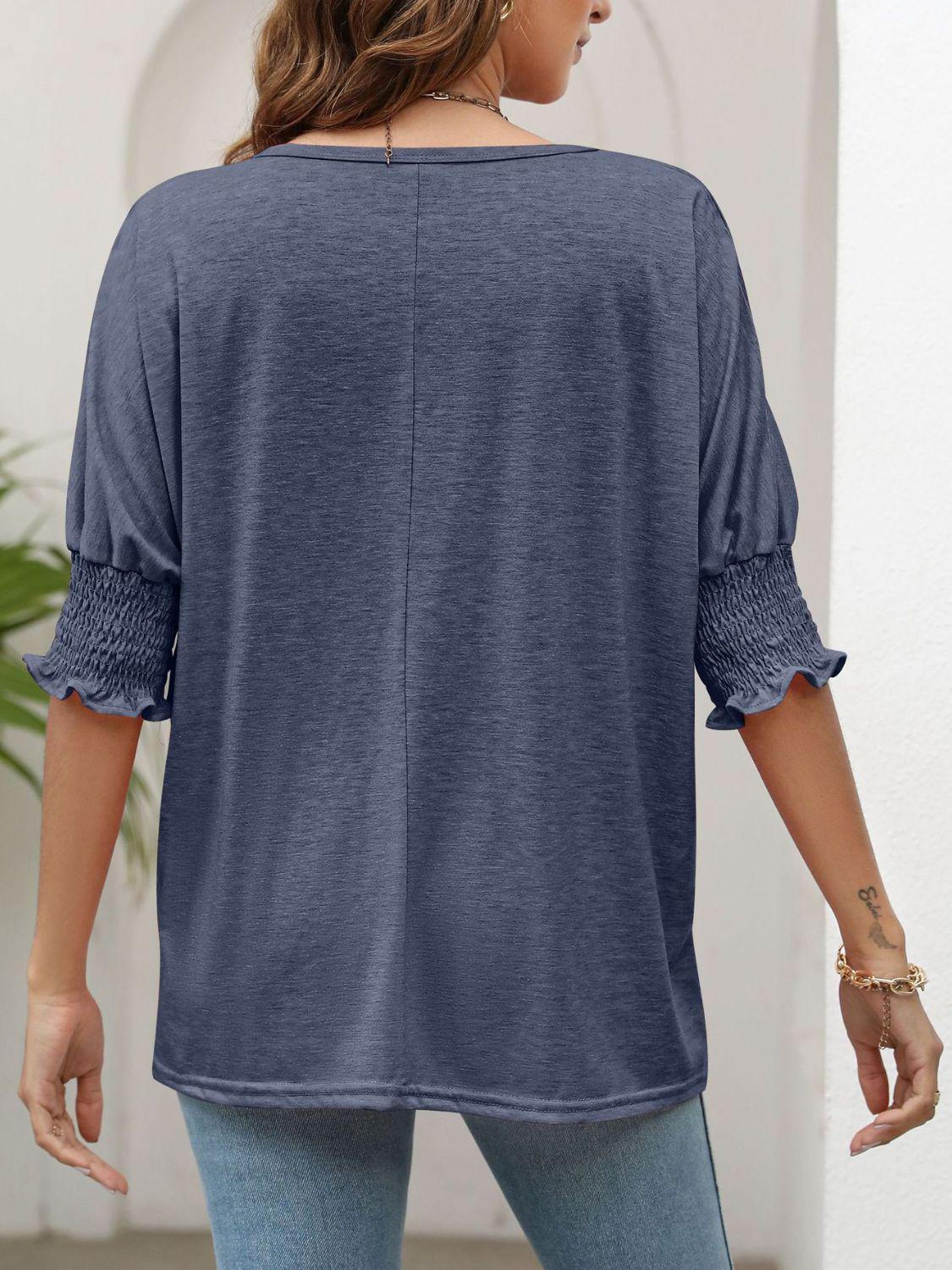 Smocked Flounce Sleeve Round Neck T-Shirt BLUE ZONE PLANET