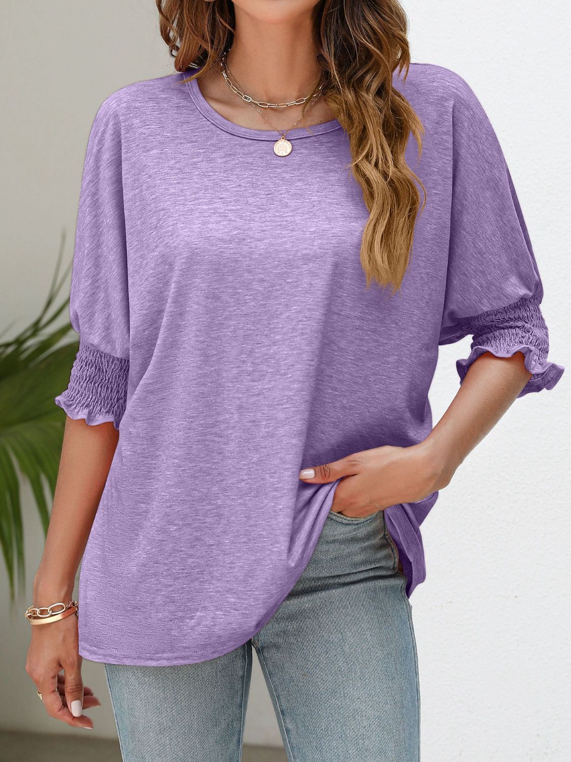 Smocked Flounce Sleeve Round Neck T-Shirt BLUE ZONE PLANET