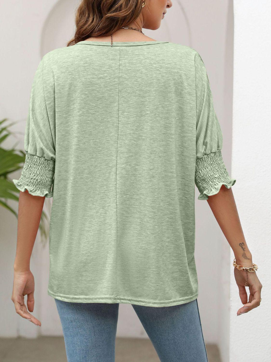 Smocked Flounce Sleeve Round Neck T-Shirt BLUE ZONE PLANET