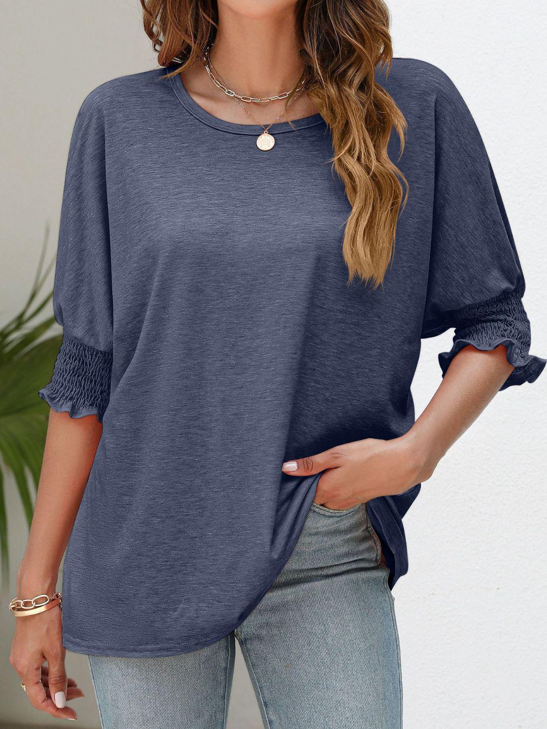 Smocked Flounce Sleeve Round Neck T-Shirt BLUE ZONE PLANET