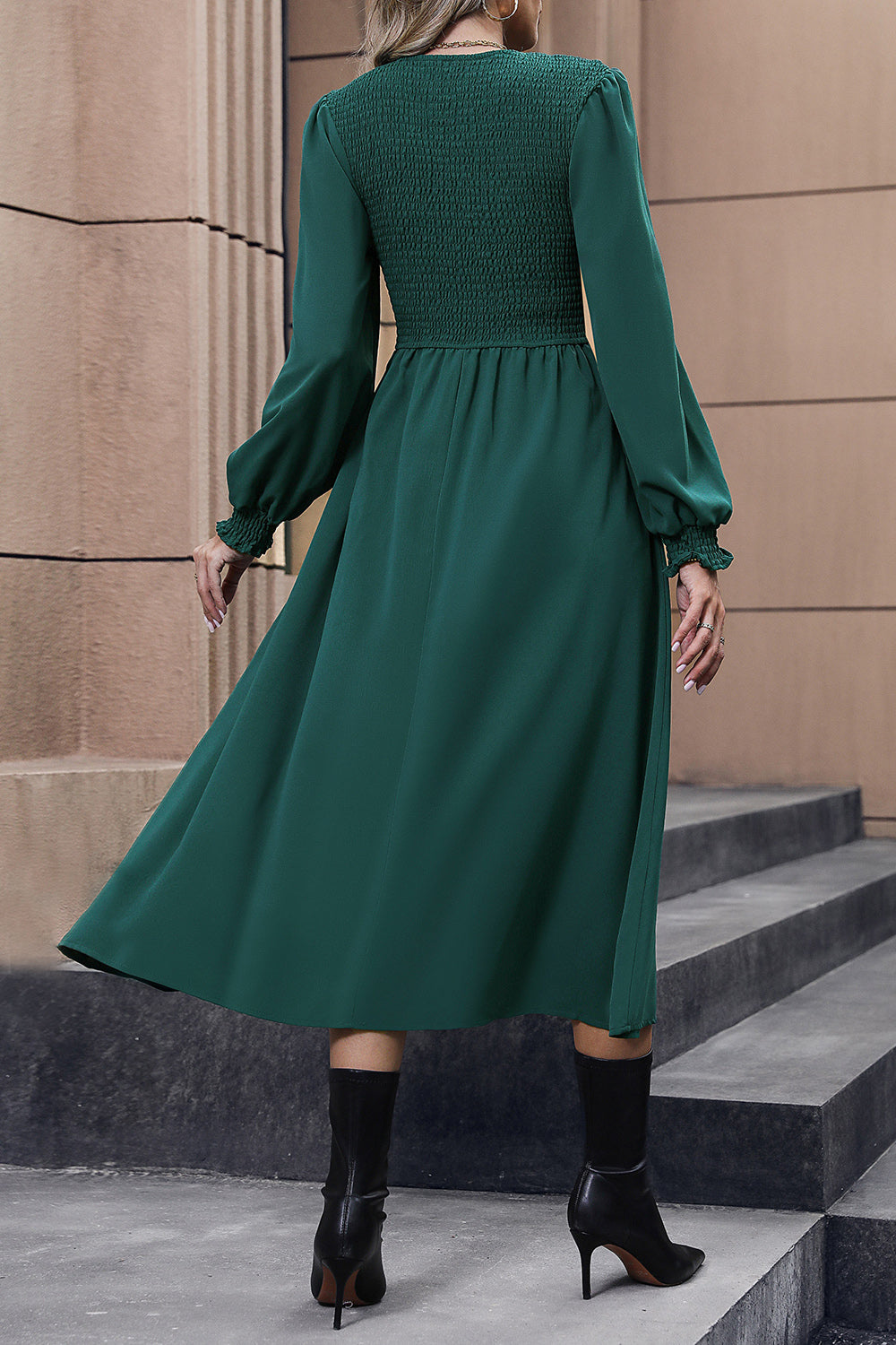 Smocked Long Sleeve Midi Dress BLUE ZONE PLANET