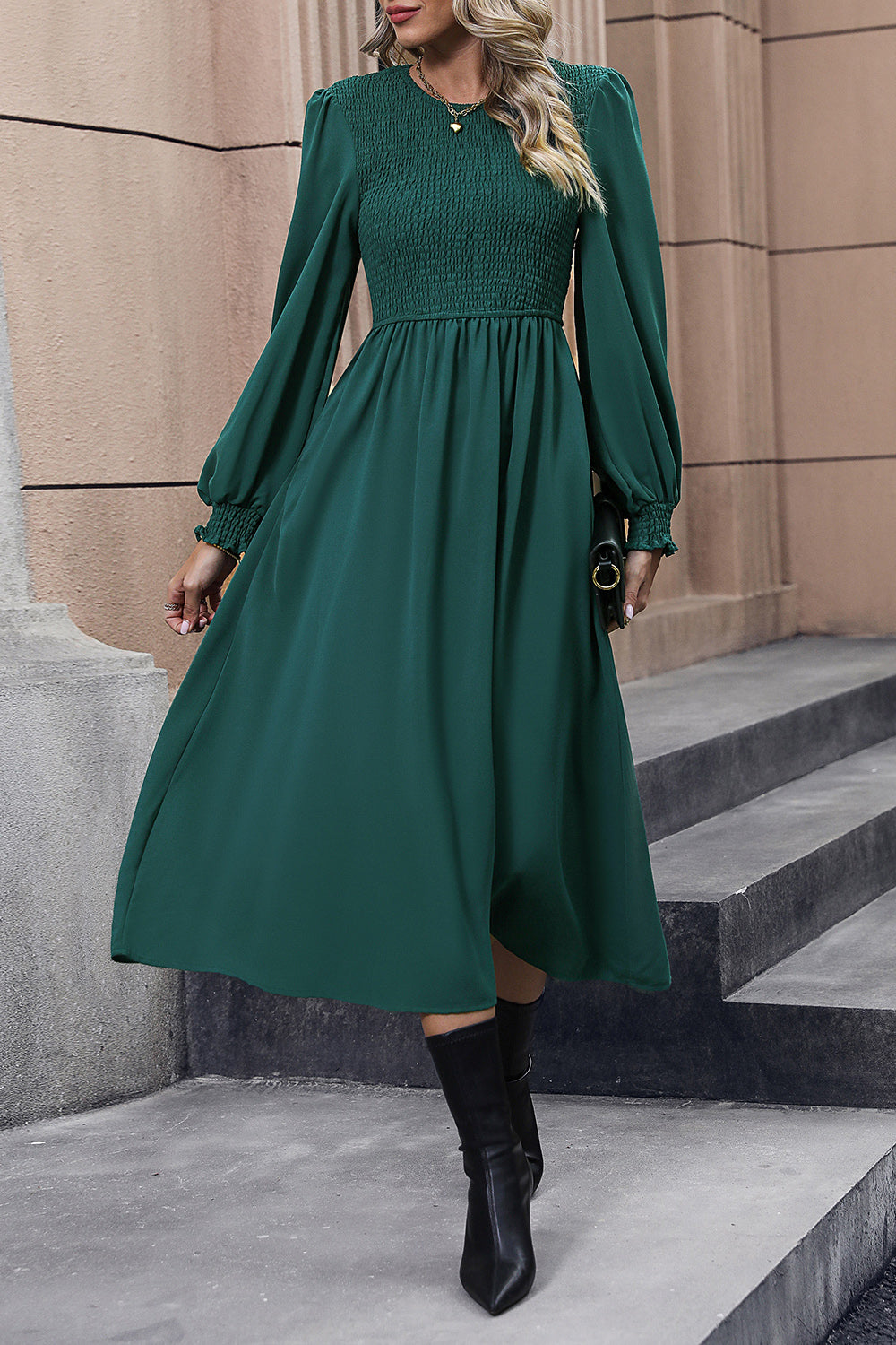 Smocked Long Sleeve Midi Dress BLUE ZONE PLANET