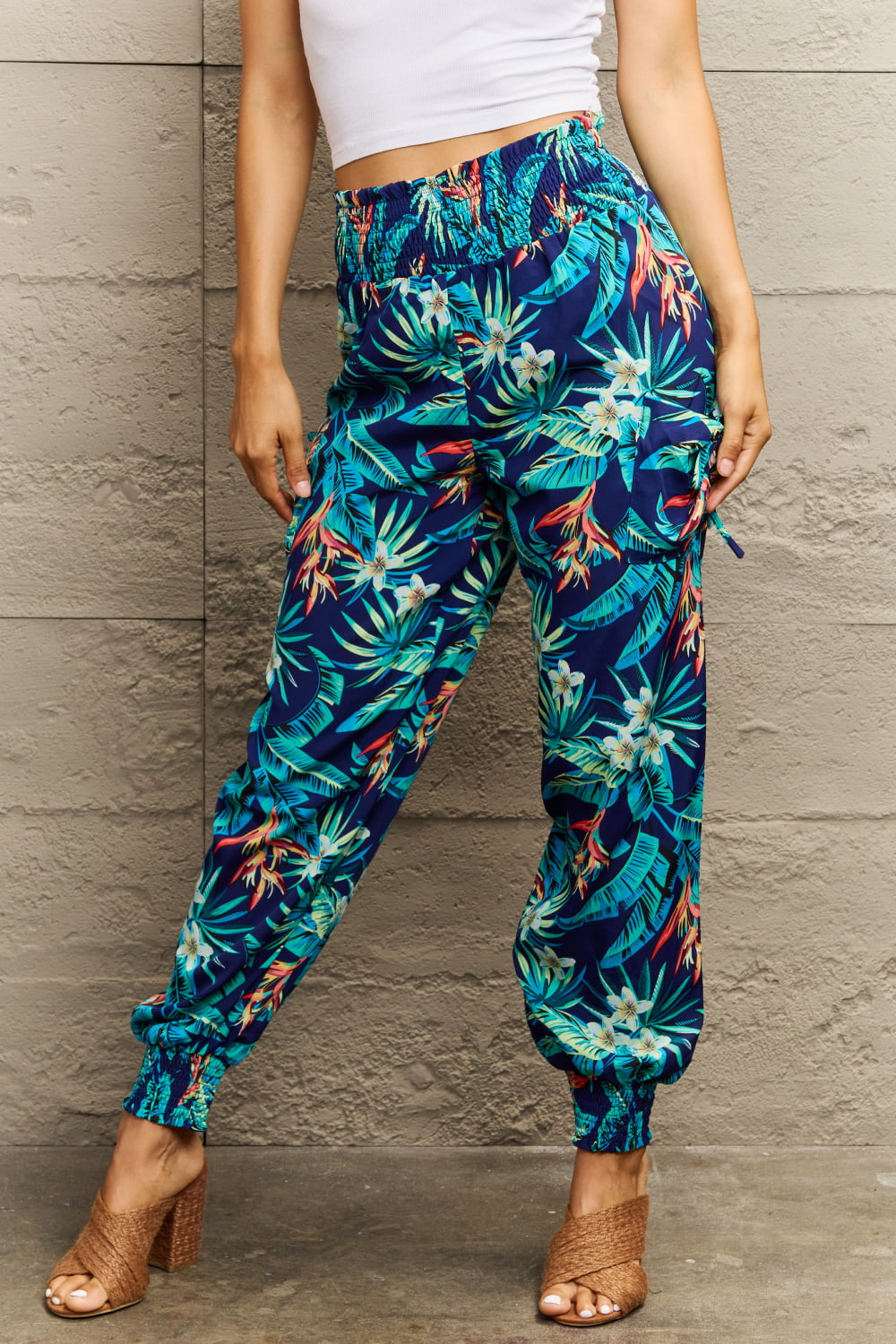 Smocked Plant Print Long Pants BLUE ZONE PLANET