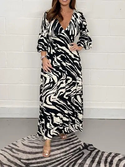 Smocked Printed Flounce Sleeve Maxi Dress Trendsi