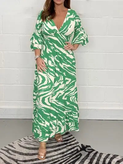 Smocked Printed Flounce Sleeve Maxi Dress Trendsi