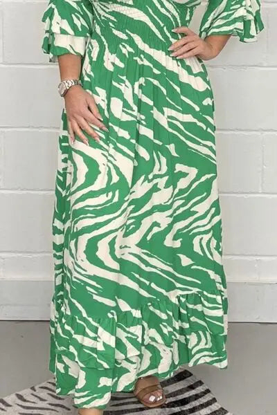 Smocked Printed Flounce Sleeve Maxi Dress Trendsi