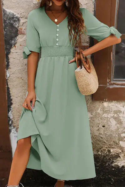 Smocked Quarter Button Short Sleeve Dress Trendsi