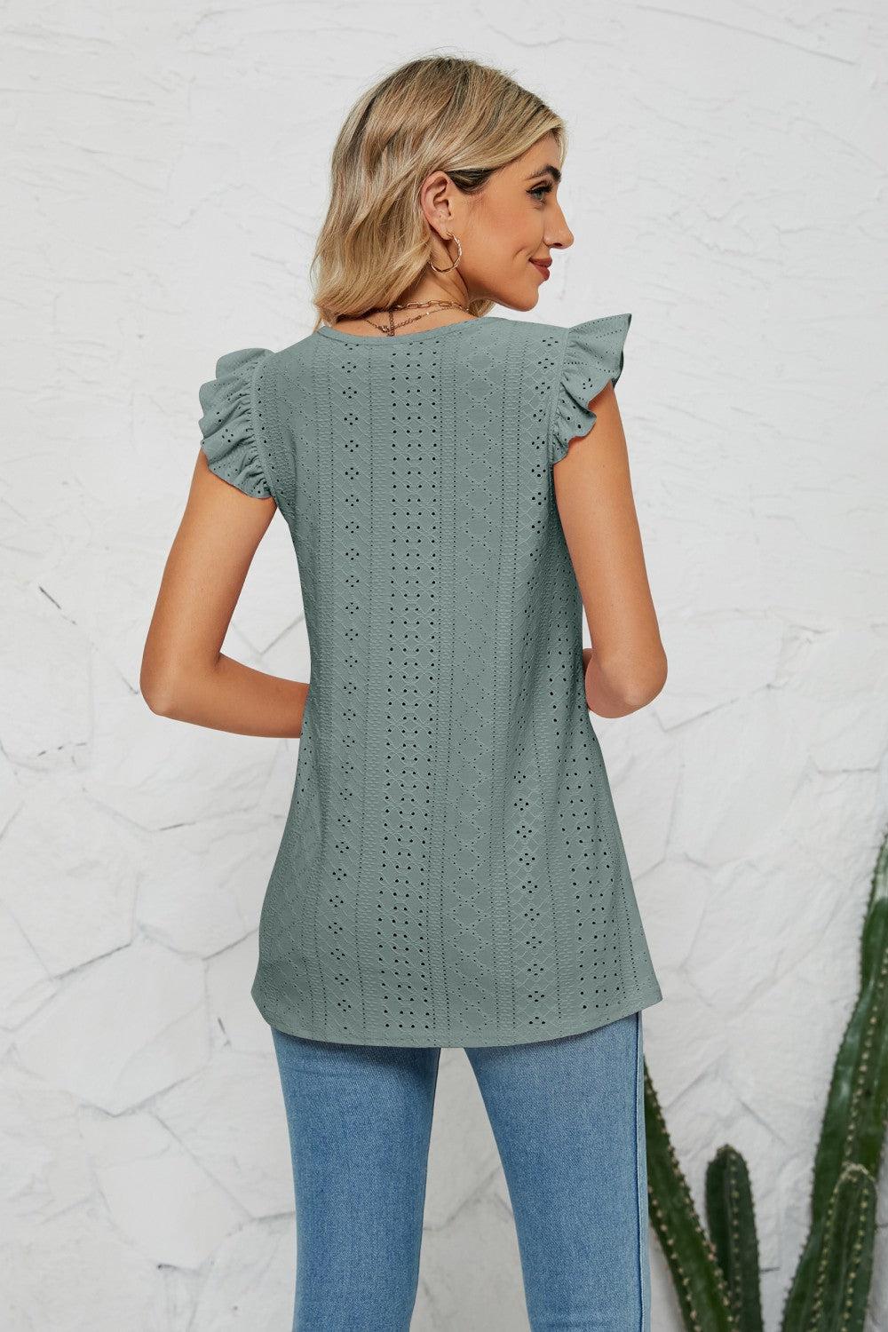 Smocked Round Neck Eyelet Top BLUE ZONE PLANET