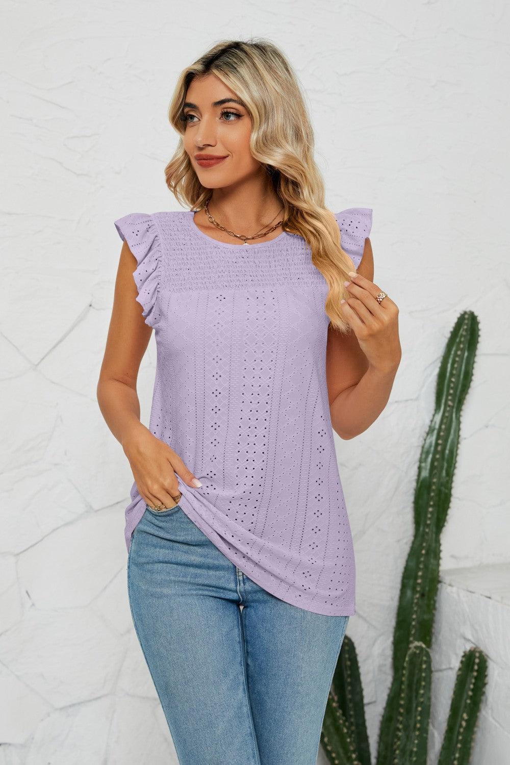 Smocked Round Neck Eyelet Top BLUE ZONE PLANET