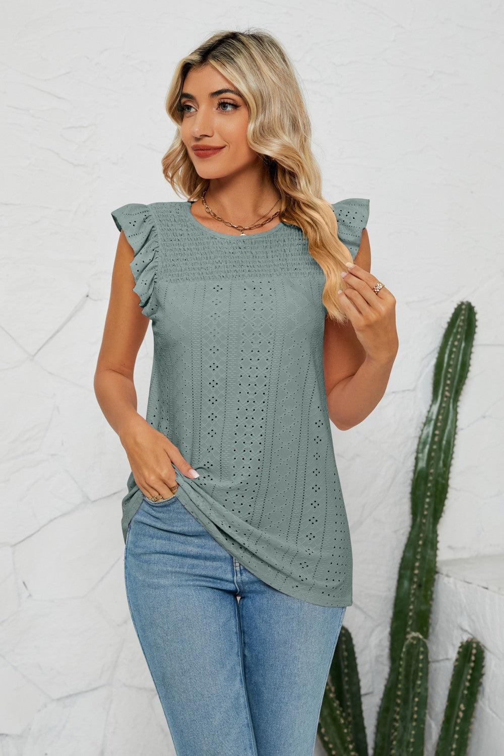 Smocked Round Neck Eyelet Top BLUE ZONE PLANET