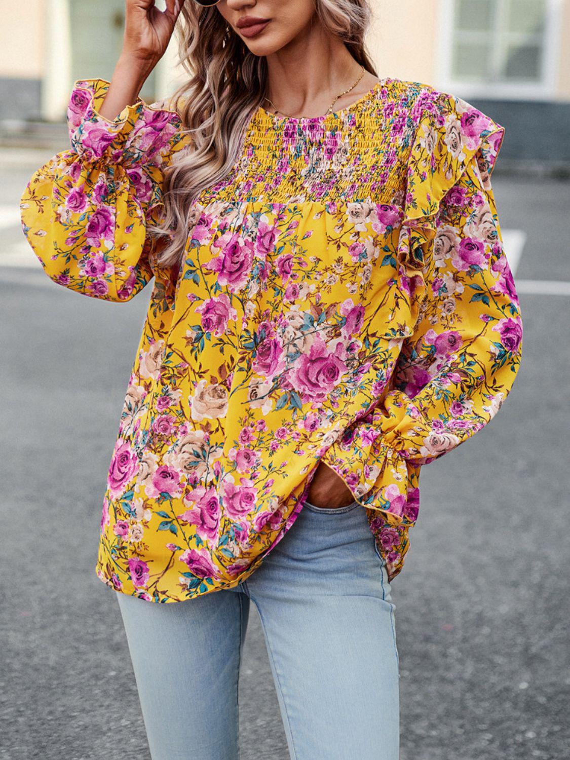 Smocked Round Neck Flounce Sleeve Blouse BLUE ZONE PLANET