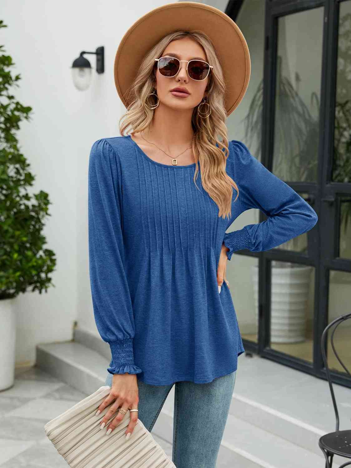 Smocked Round Neck Lantern Sleeve Blouse BLUE ZONE PLANET