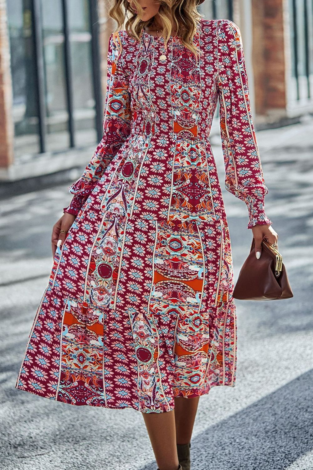 Smocked Round Neck Lantern Sleeve Midi Dress BLUE ZONE PLANET