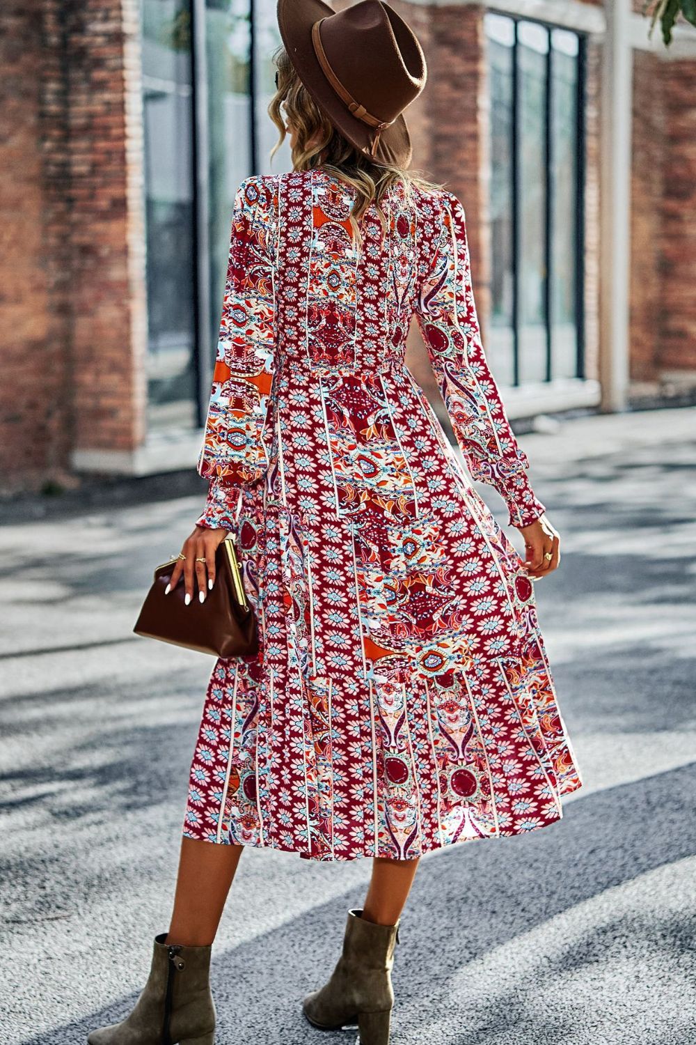 Smocked Round Neck Lantern Sleeve Midi Dress BLUE ZONE PLANET