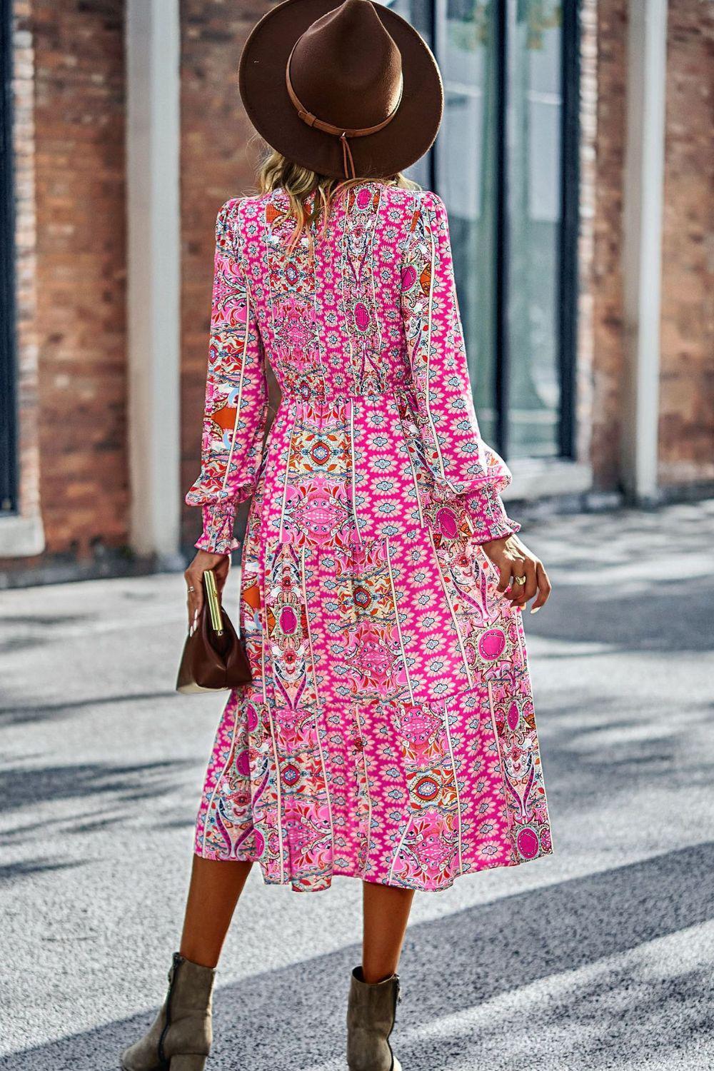 Smocked Round Neck Lantern Sleeve Midi Dress BLUE ZONE PLANET