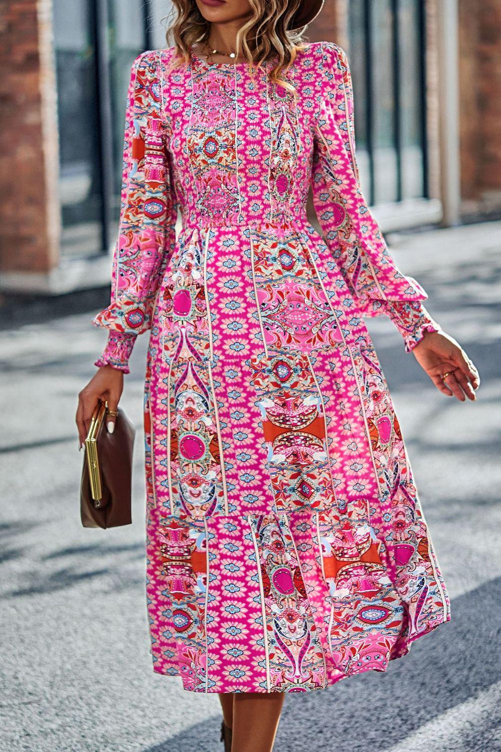 Smocked Round Neck Lantern Sleeve Midi Dress BLUE ZONE PLANET