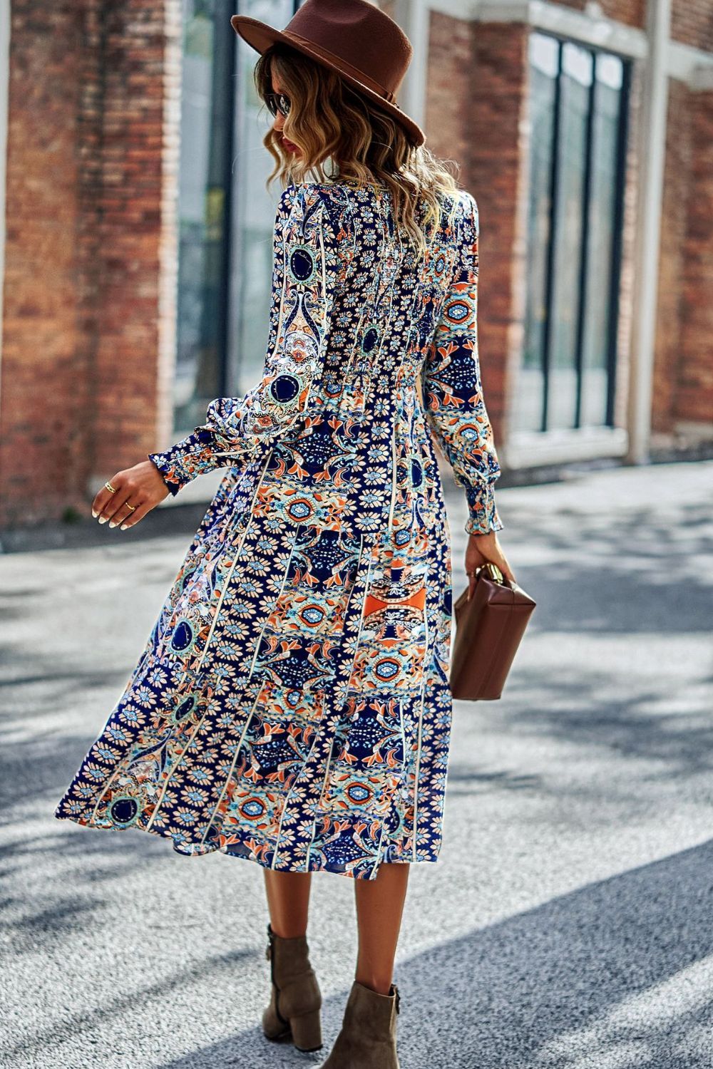 Smocked Round Neck Lantern Sleeve Midi Dress BLUE ZONE PLANET