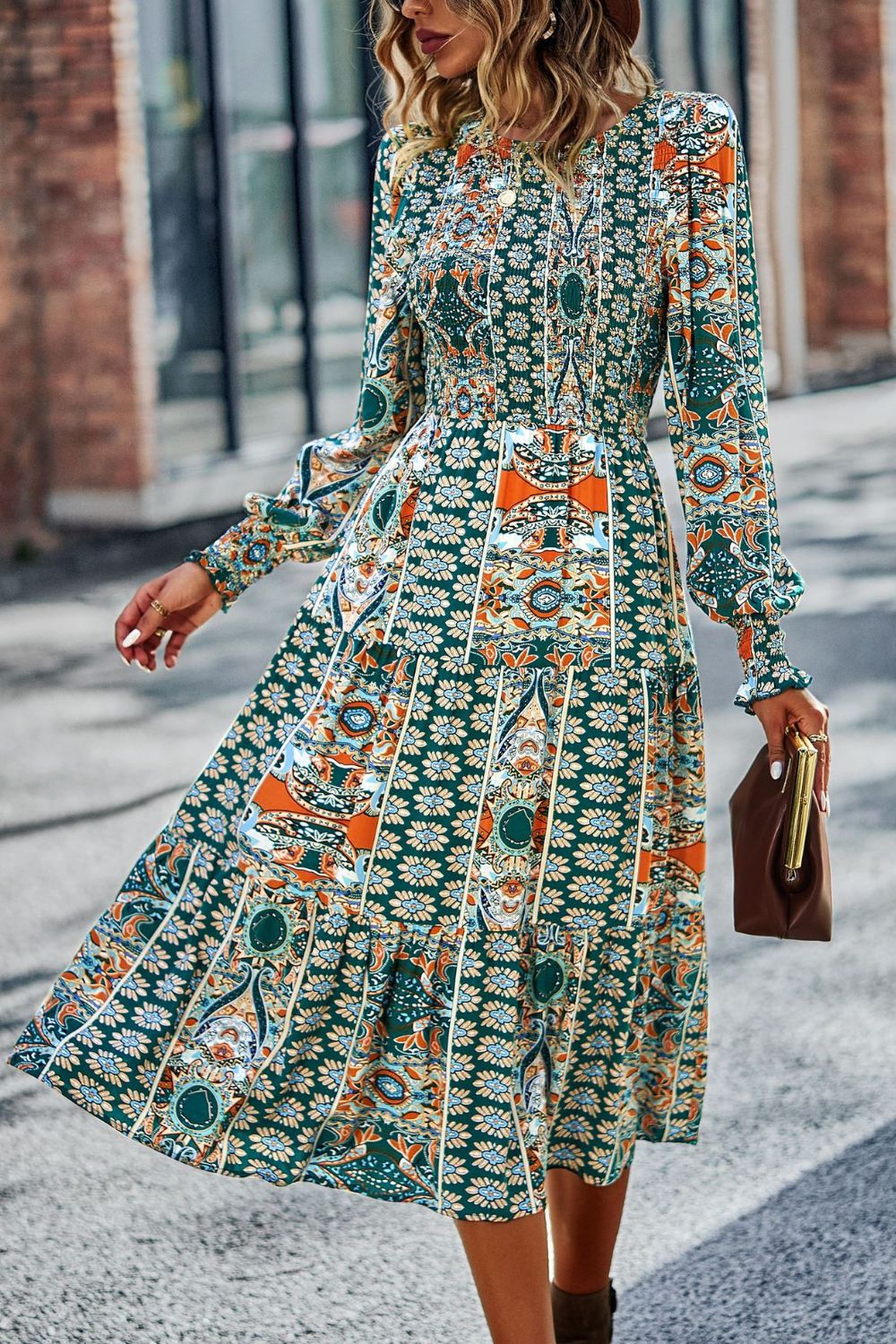 Smocked Round Neck Lantern Sleeve Midi Dress BLUE ZONE PLANET