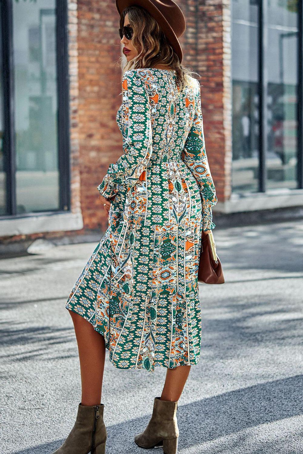 Smocked Round Neck Lantern Sleeve Midi Dress BLUE ZONE PLANET