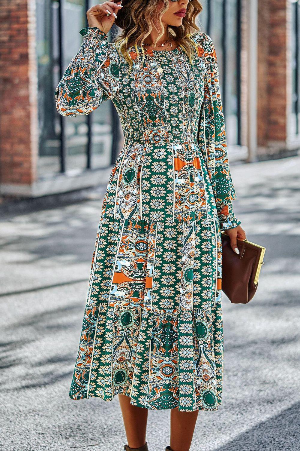 Smocked Round Neck Lantern Sleeve Midi Dress BLUE ZONE PLANET