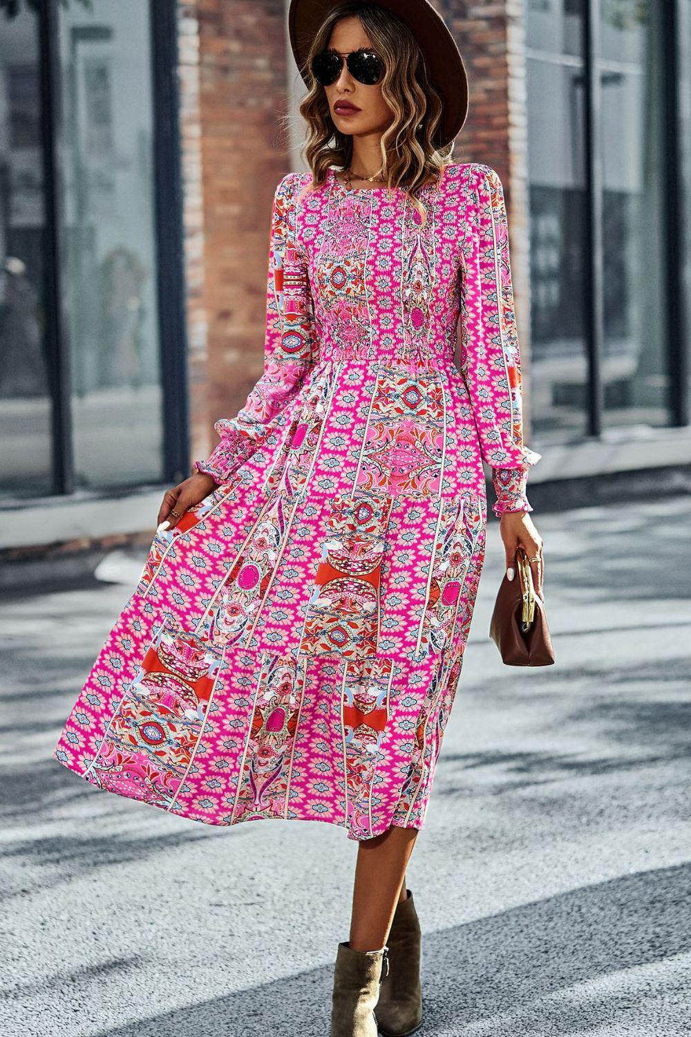 Smocked Round Neck Lantern Sleeve Midi Dress BLUE ZONE PLANET