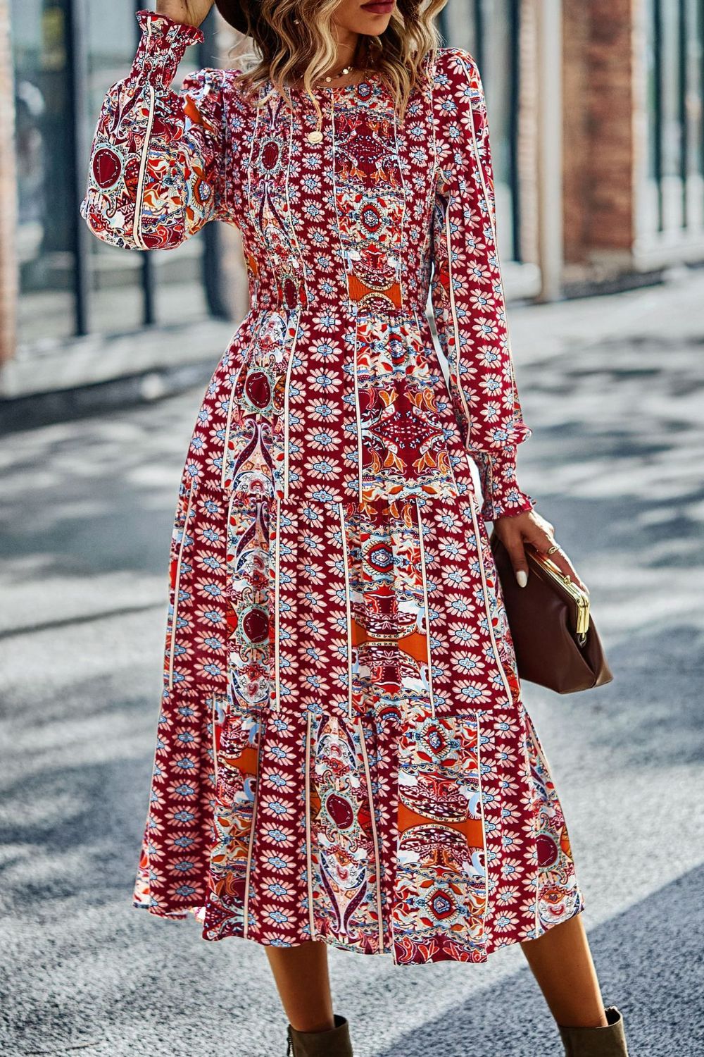 Smocked Round Neck Lantern Sleeve Midi Dress BLUE ZONE PLANET