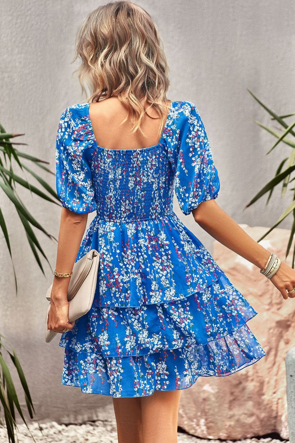 Smocked Square Neck Balloon Sleeve Mini Dress BLUE ZONE PLANET