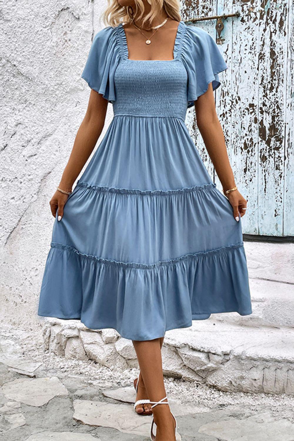 Smocked Square Neck Frill Trim Dress BLUE ZONE PLANET