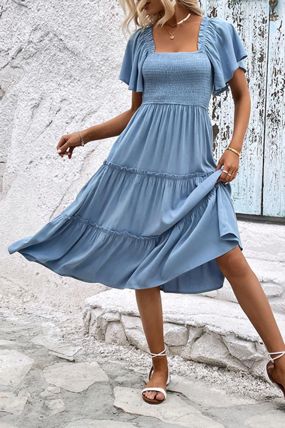 Smocked Square Neck Frill Trim Dress BLUE ZONE PLANET