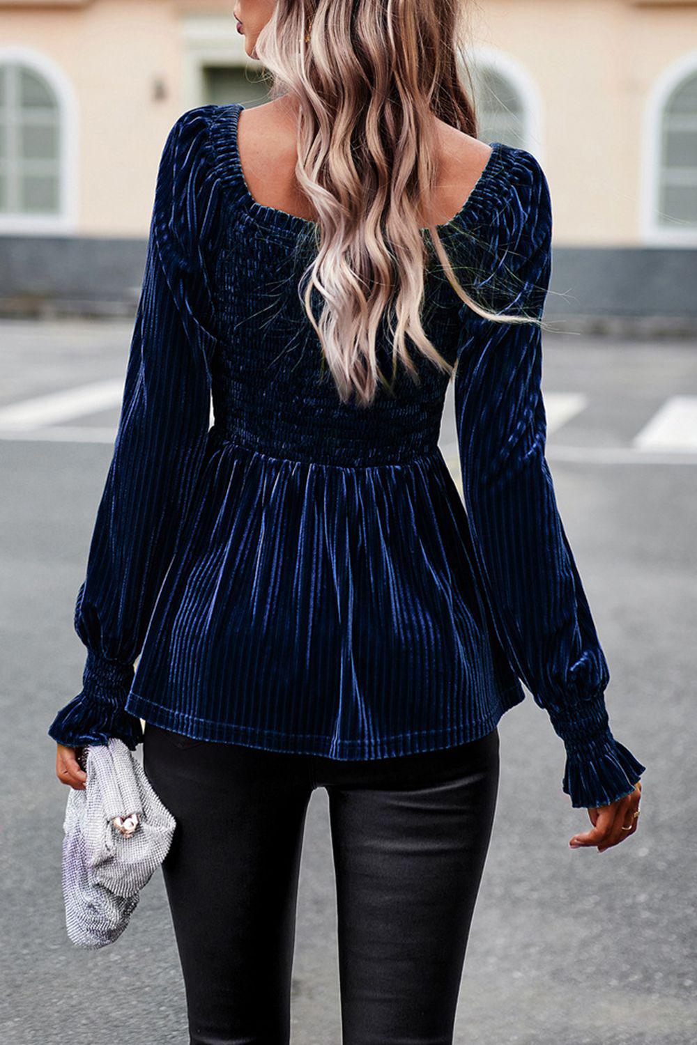 Smocked Square Neck Long Sleeve Blouse BLUE ZONE PLANET