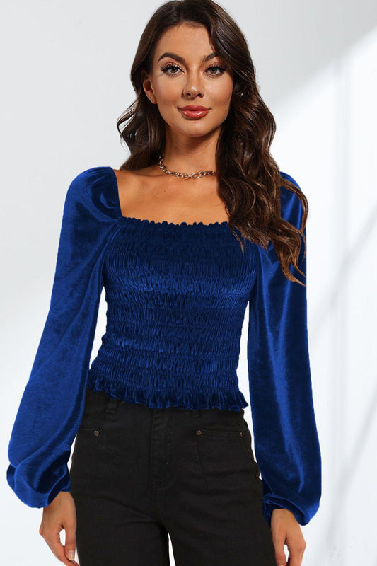 Smocked Square Neck Long Sleeve Blouse BLUE ZONE PLANET