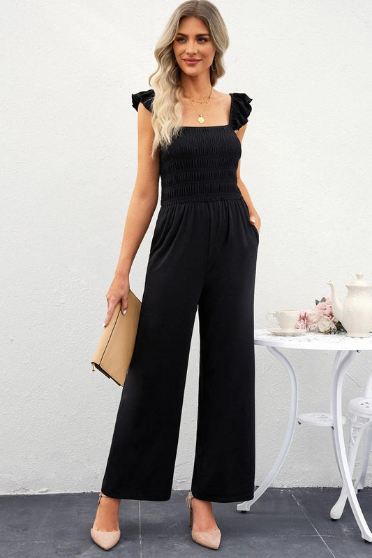 Smocked Square Neck Wide Leg Jumpsuit with Pockets BLUE ZONE PLANET